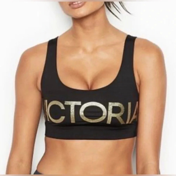 Victoria's Secret Sport Black Glitter Logo Scoop Wireless Sport Bra Sz Large - Picture 1 of 5
